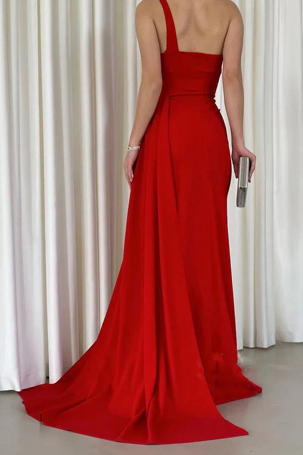Luolandi Unique and modern one shoulder red slit long evening dress Sexy